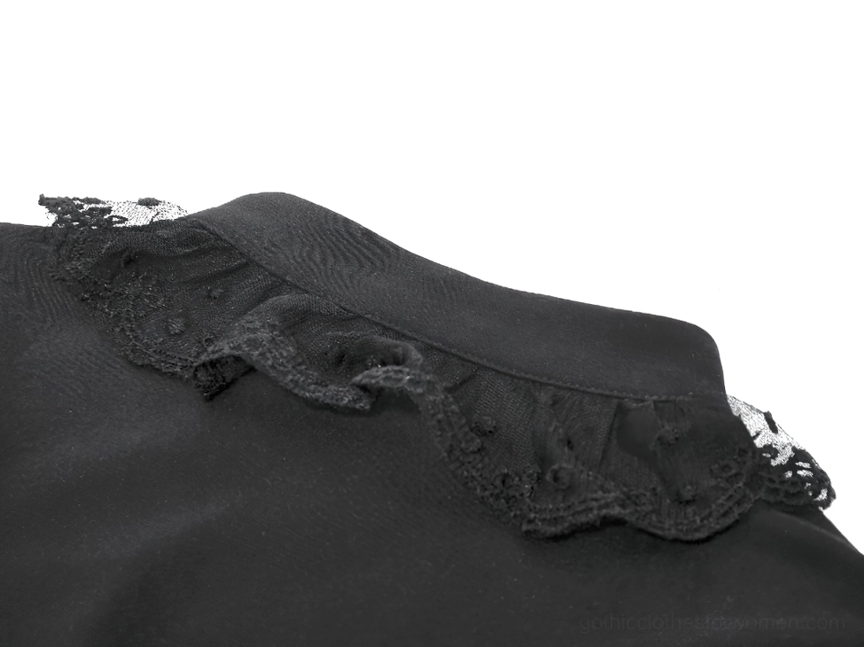 Black lace Victorian gothic blouse close-up detail of ruffled lace trim stand collar finish