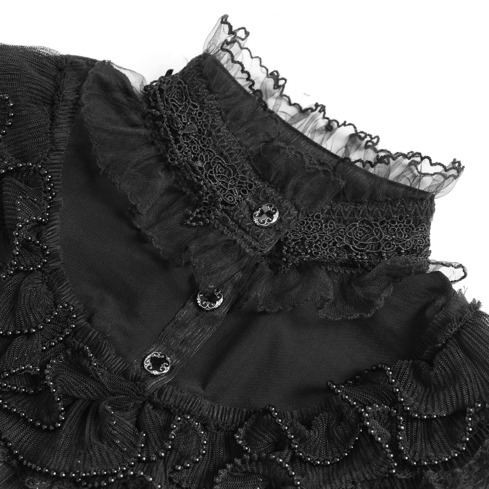 Close-up of gothic blouse collar showing lace stand collar, decorative buttons, and sheer ruffled edge detail