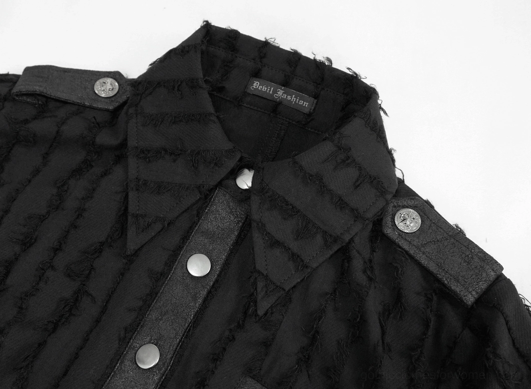 Detailed view of gothic blouse pointed turn-down collar and metal snap button fastening