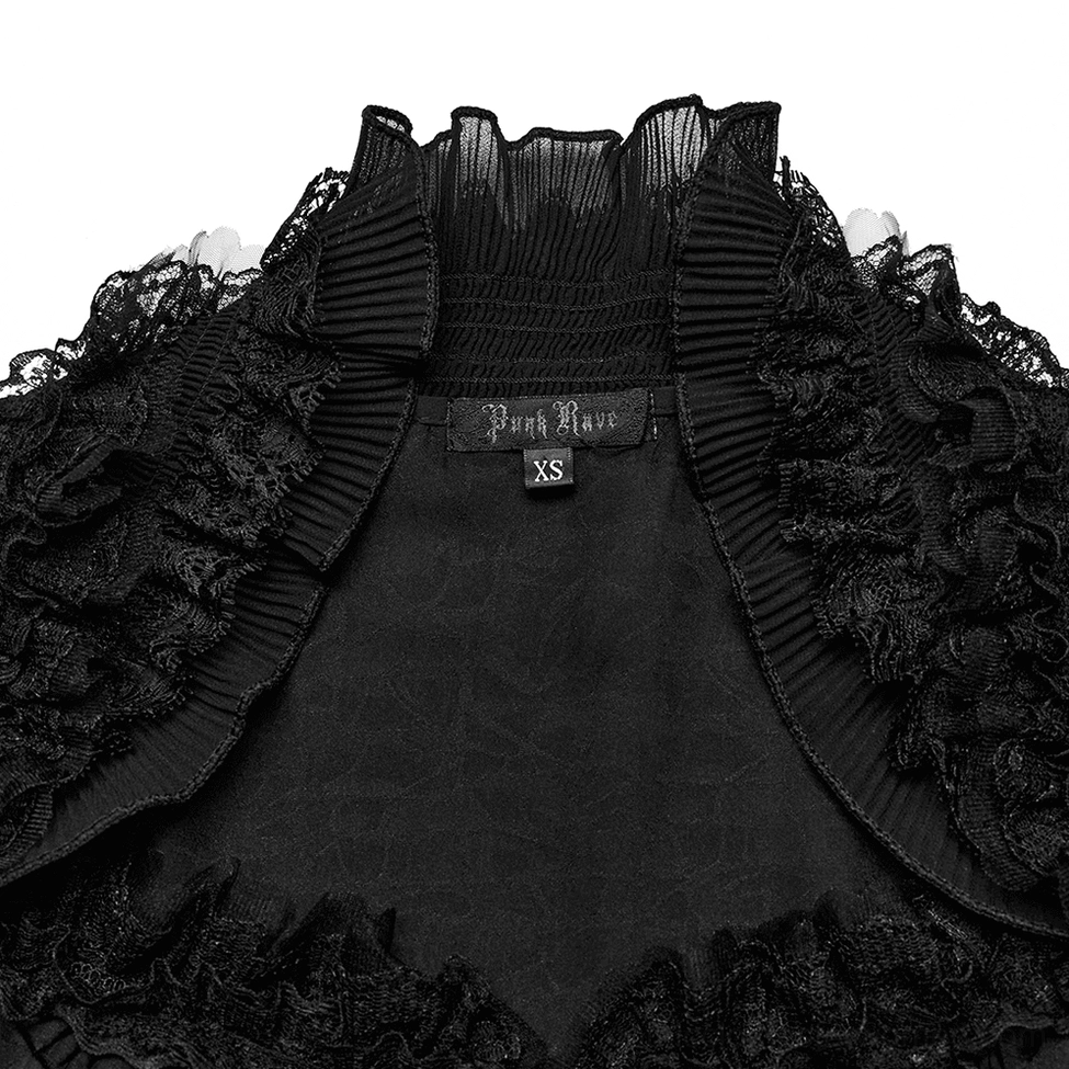 Close-up detail of black lace gothic blouse collar showing ruffled lace trim and pleated mesh texture