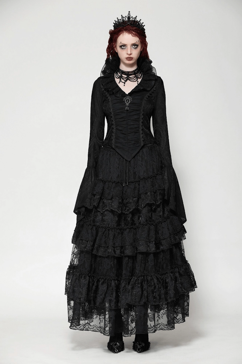 Close-up detail of Victorian gothic blouse ruffled lace collar showing intricate jacquard fabric texture, layered ruffle construction, and brand label on black background