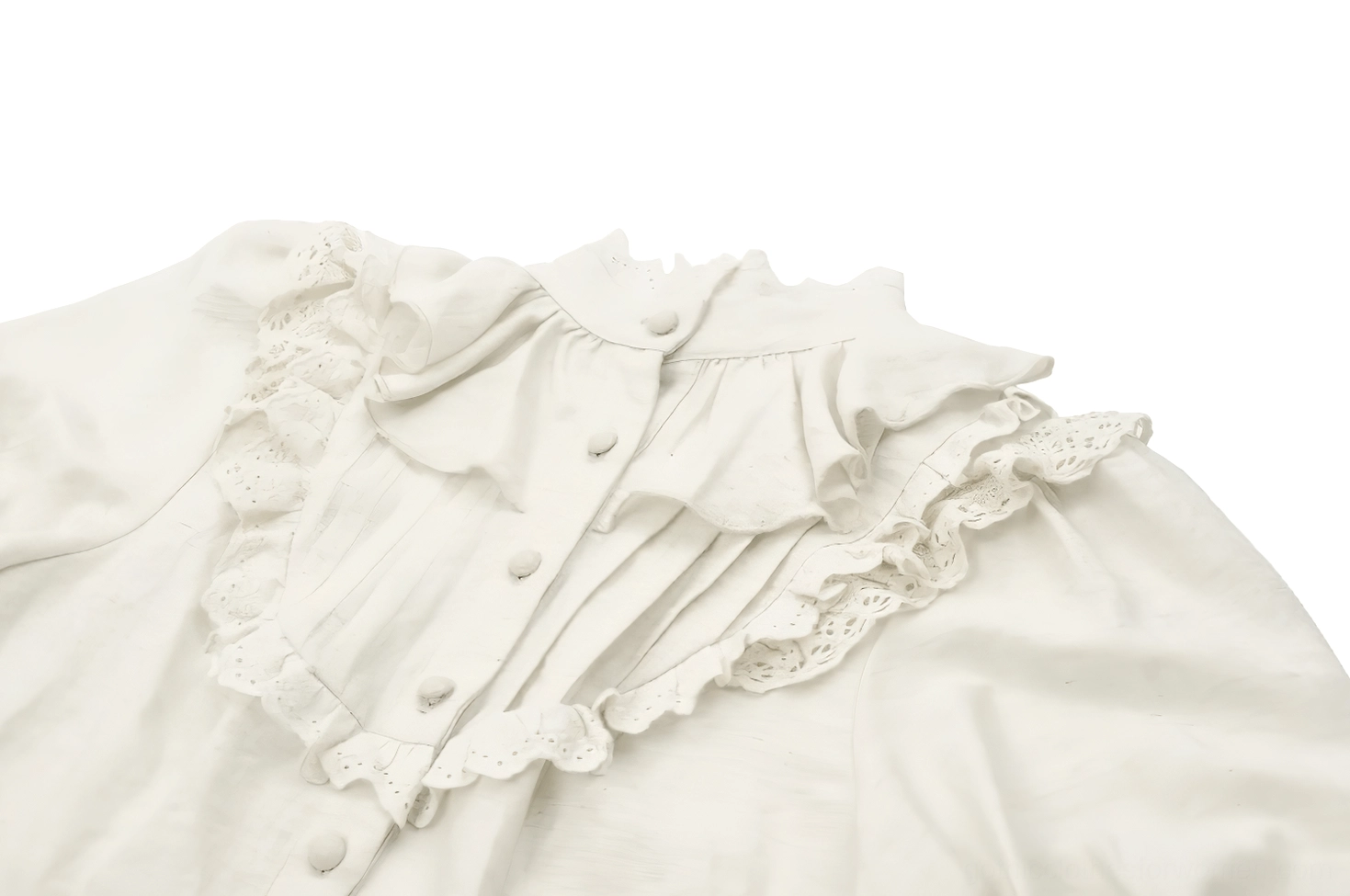 Close-up detail of gothic blouse collar with pleated lace frill trim and front button placket