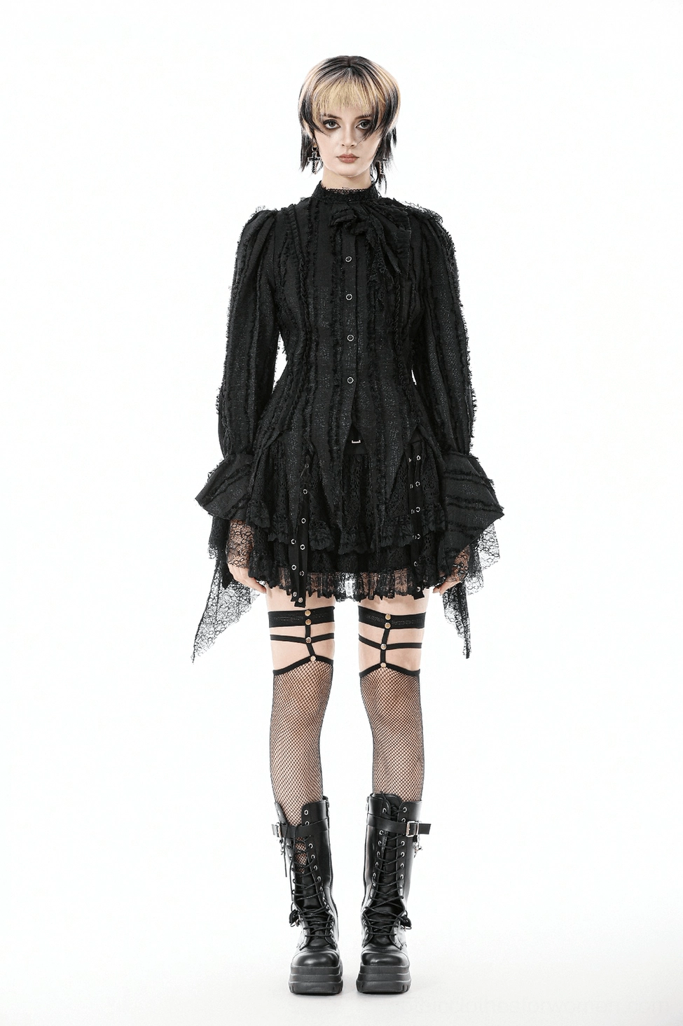Black gothic lace ruffle blouse collar structure detail, illustrating voluminous ruffled neckline and decorative lace layering
