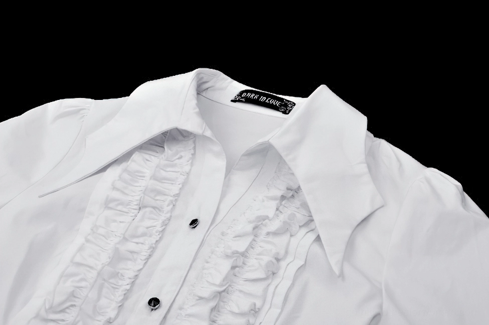 Front close-up of gothic blouse inner collar detail featuring brand tag, ruffled front, and black button hardware