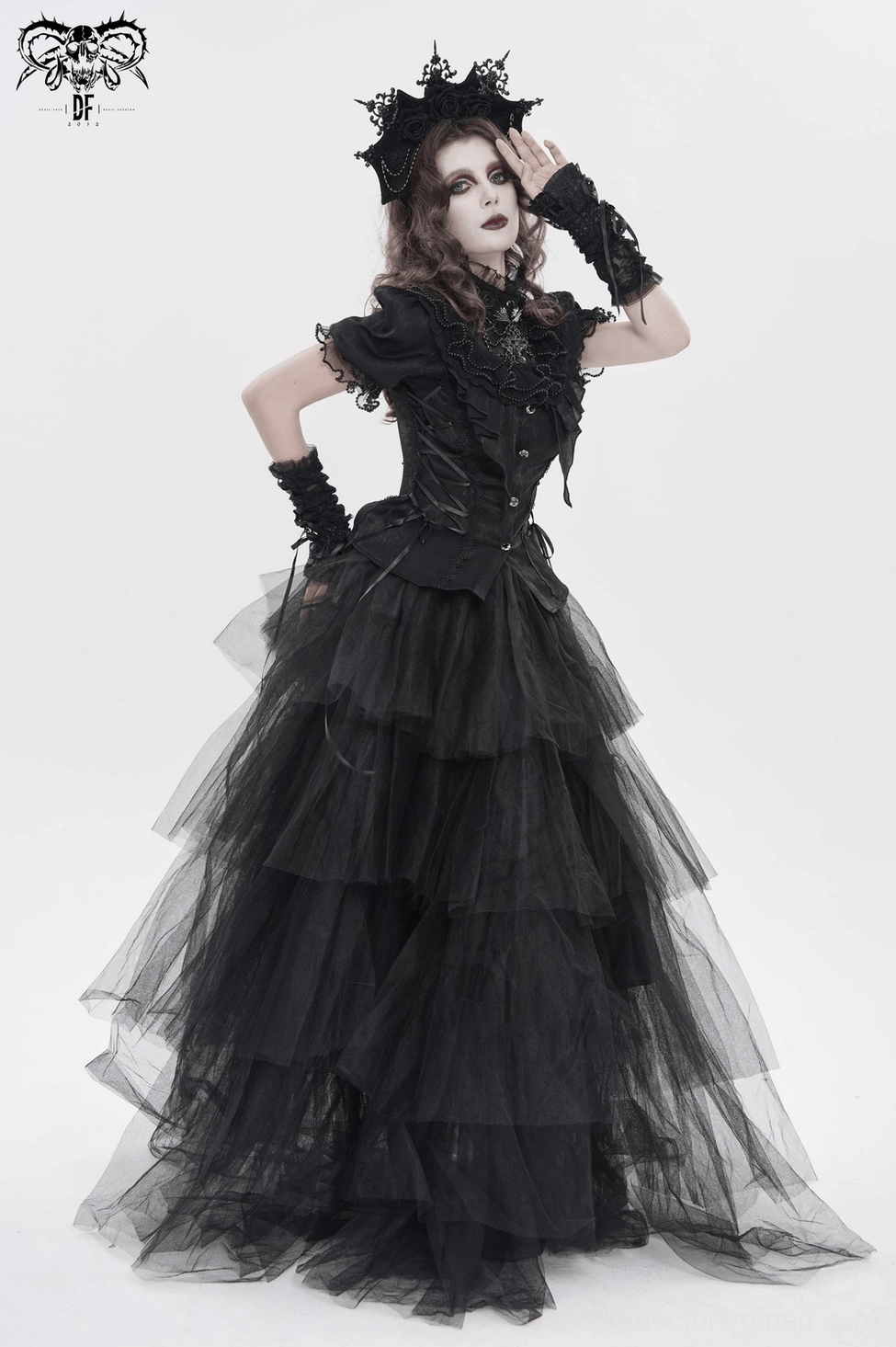 Victorian gothic corset-back blouse showing complete back lacing system and tie closure