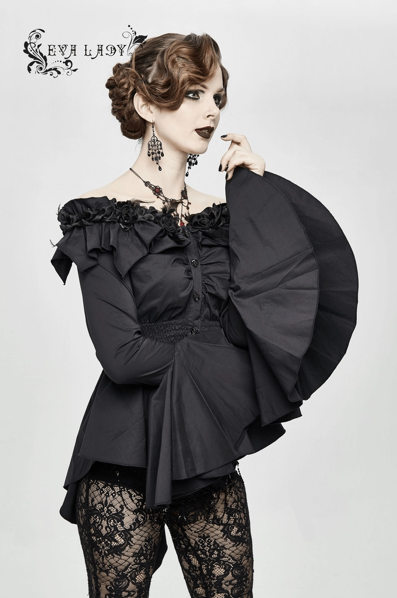 Black gothic blouse front-facing display showing complete silhouette, off-shoulder cut, rose-decorated neckline, and asymmetric hemline design
