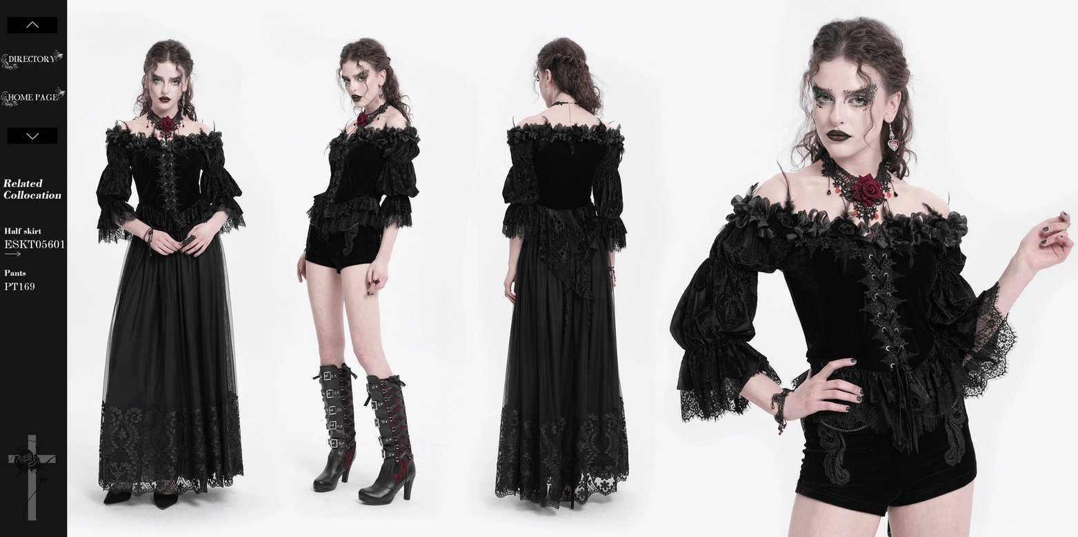 Black gothic velvet blouse showing complete construction details including lace-up mechanism, rose accents, and overall silhouette