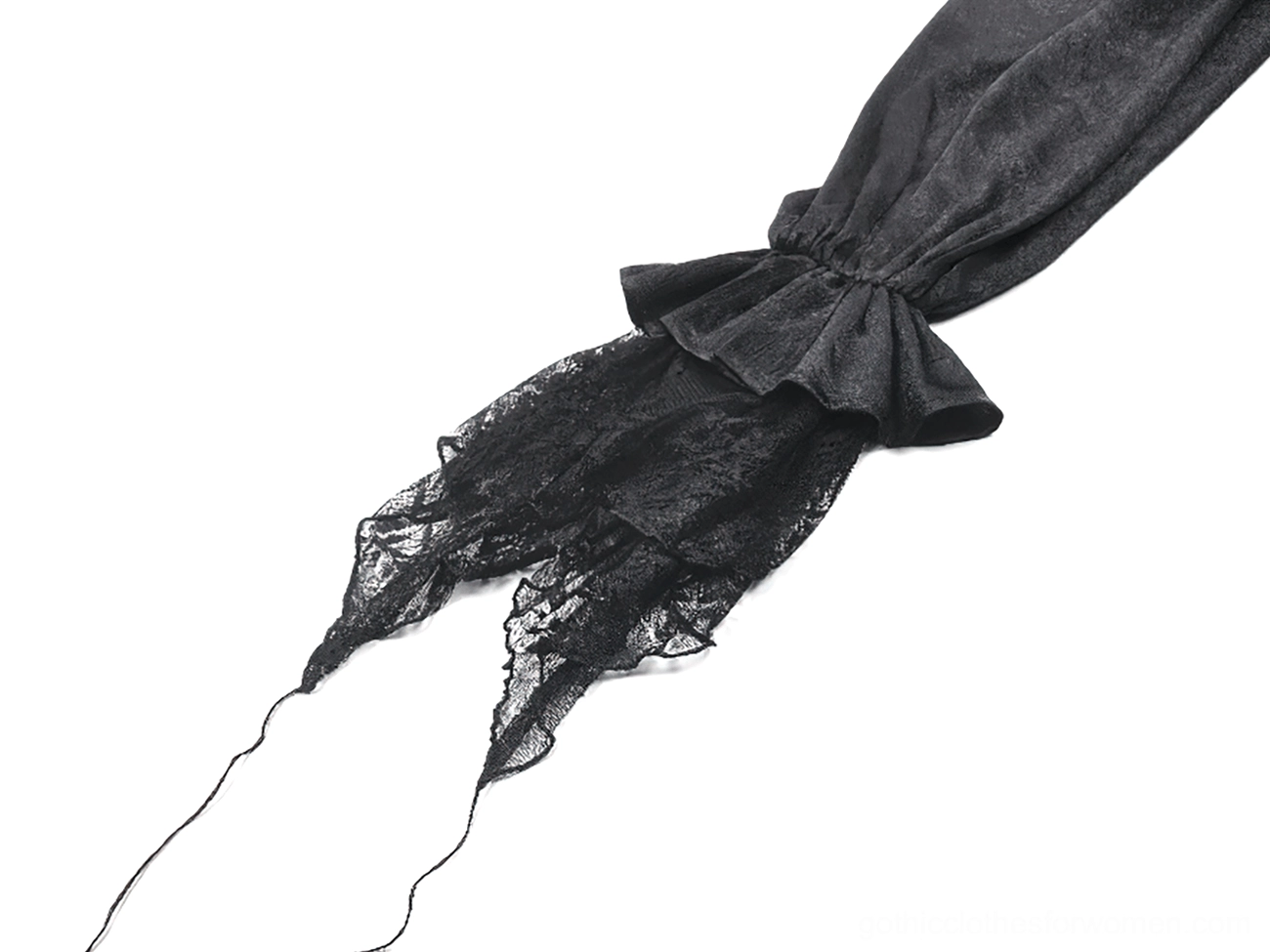Gothic victorian blouse overall construction showing puffed shoulders and bell sleeve lace trim details