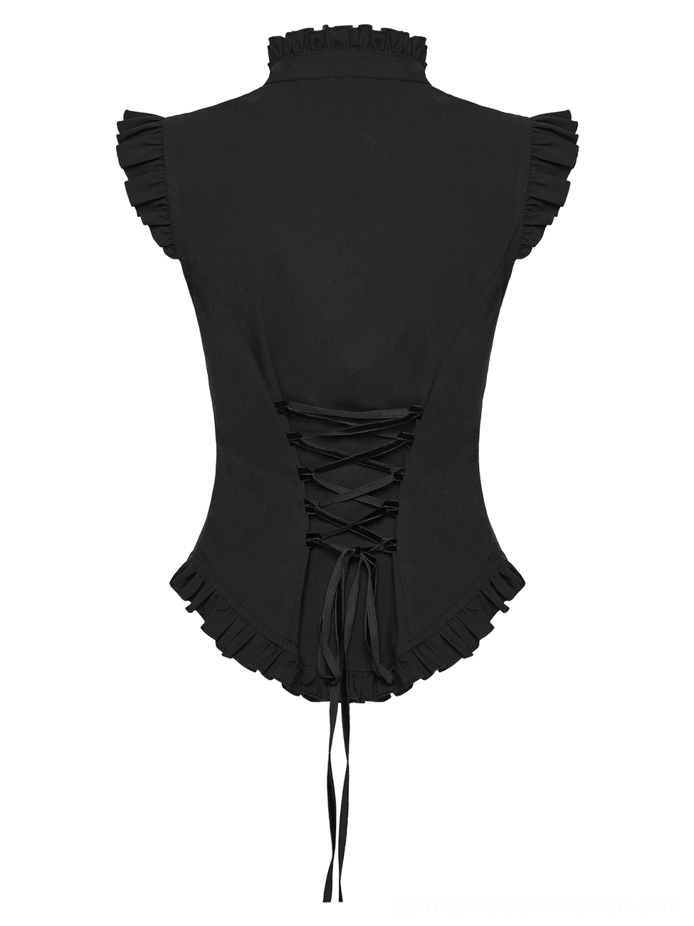 Gothic blouse corset back close-up - detailed view of lace-up back with ruffled trim design