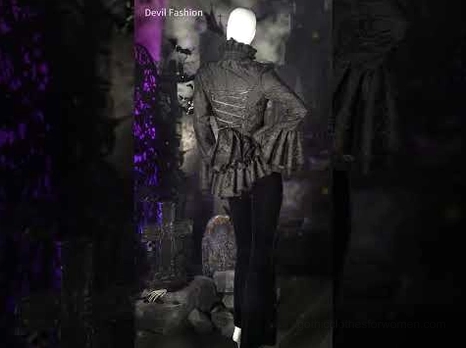 Gothic black lace blouse rear display with corset back and flared sleeves under purple gothic lighting