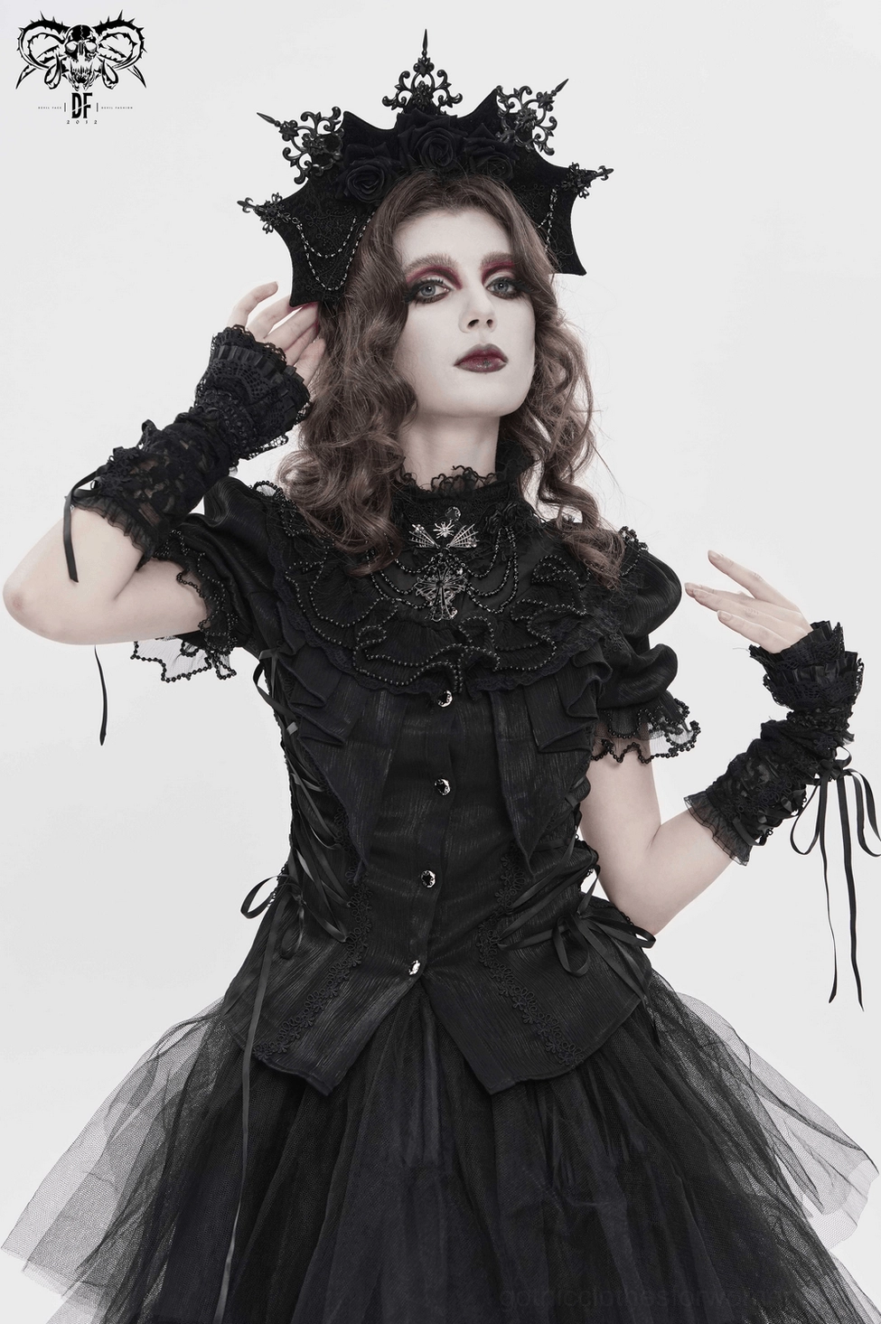 Victorian gothic blouse with emphasis on corset-back lacing and back button detail - rear styling view
