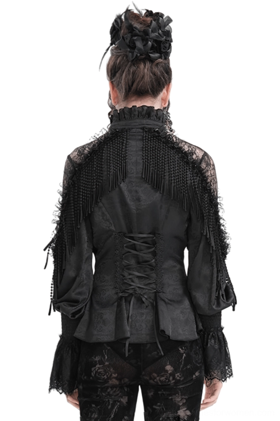 Gothic blouse back detail featuring corset-style lace-up back with fringe shoulder panels and black ribbon lacing