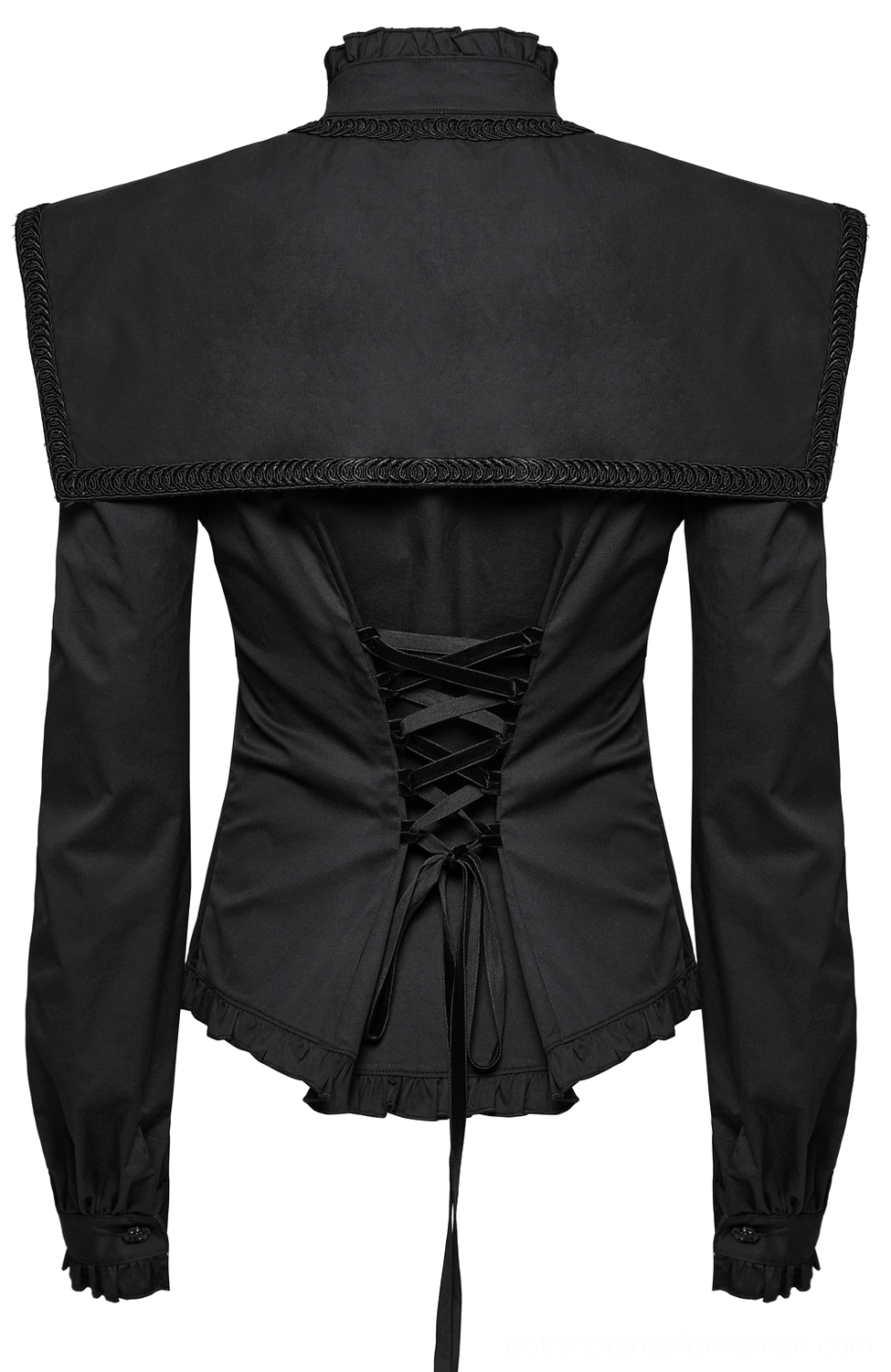 Back flat view of gothic blouse displaying corset lace-up back design and ruffled hem