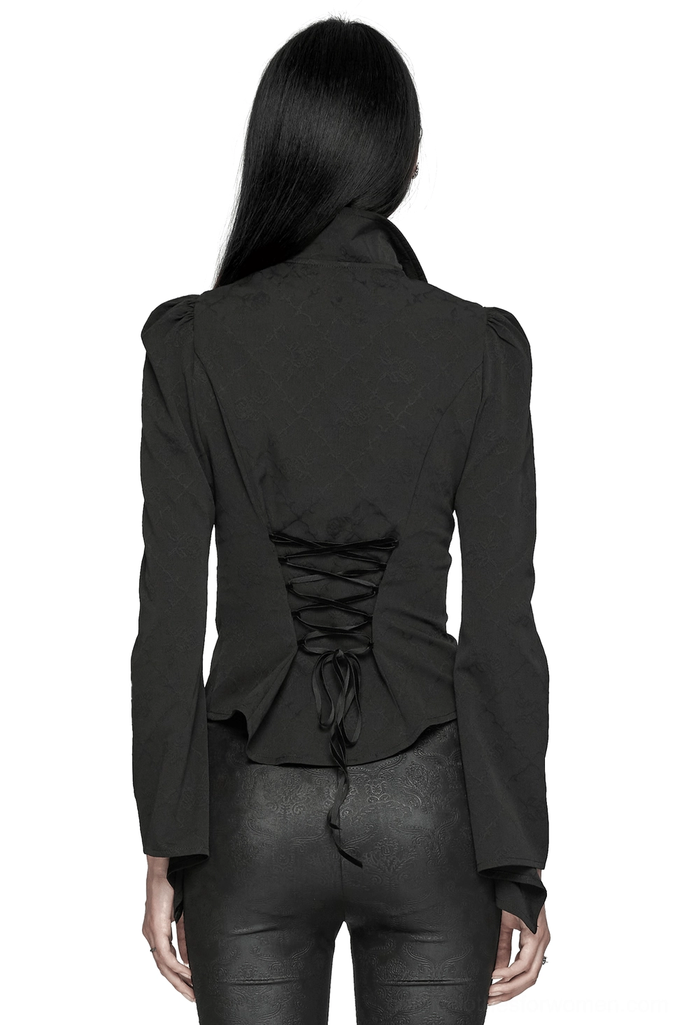 Lace-up corset back design on gothic women's blouse showing adjustable lacing system