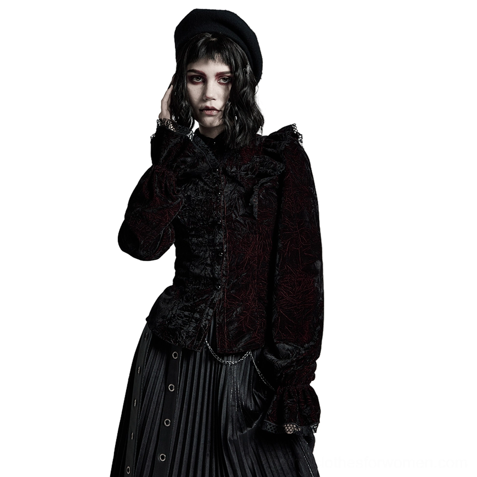 Burgundy black velvet gothic blouse corset lace-up back closure and waist adjustment