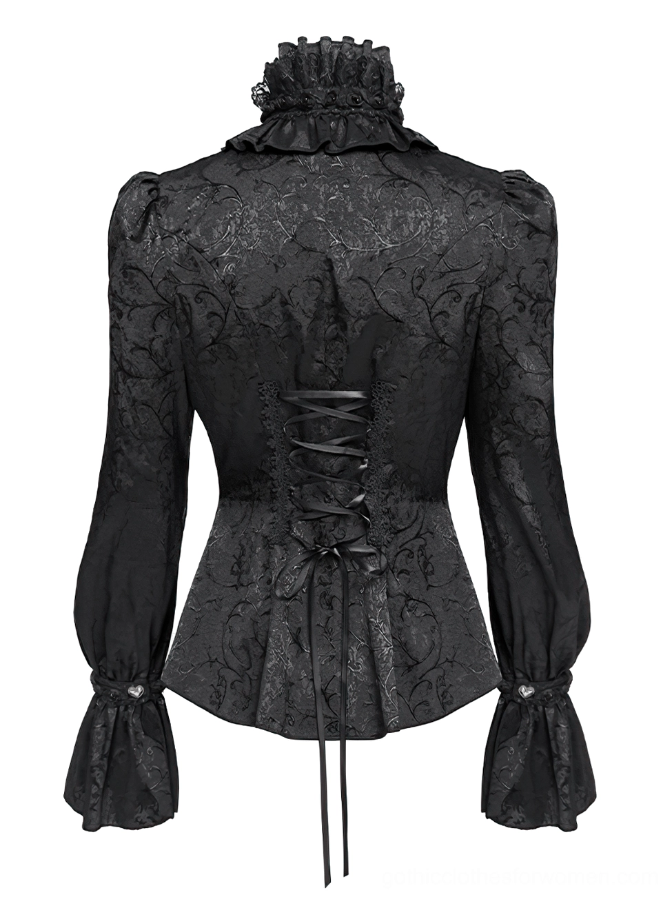 Gothic blouse back display, corset lace-up back, ruffled high collar, lace panel details