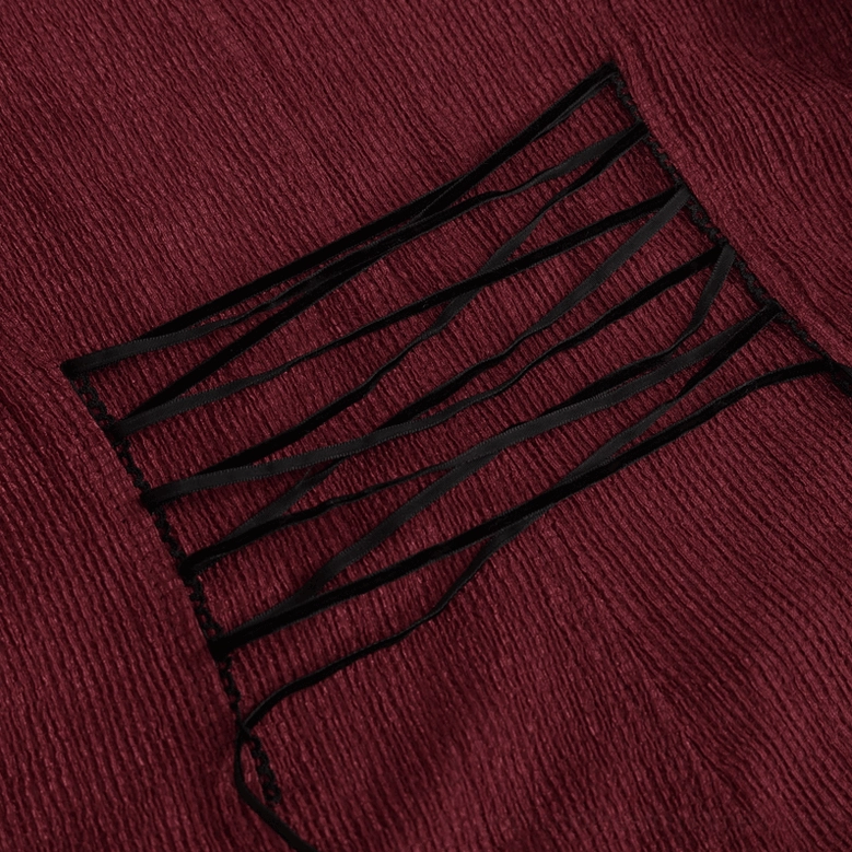 Detailed view of wine red gothic blouse back lace-up corset design with black ribbon lacing