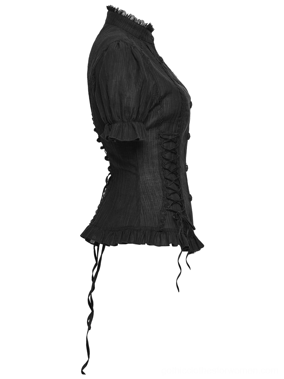 Black gothic blouse side flat lay view highlighting slim fitted silhouette and side lace drawstring corset system