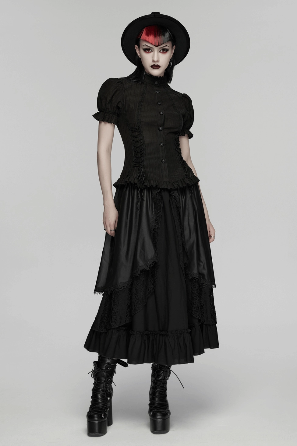 Black gothic blouse model wearing showing how lace-up corset waist cinches for customizable fit and dramatic romantic aesthetic