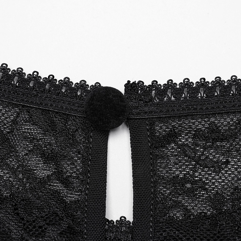 Black gothic blouse front closure - covered buttons and decorative lace trim detail