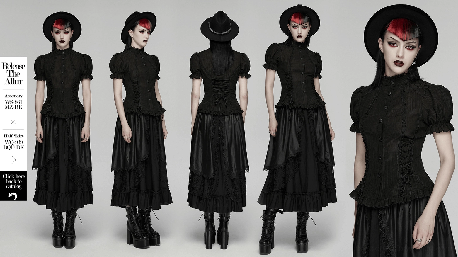 Black gothic blouse care instructions and fabric composition details including Tencel and Polyamide blend information