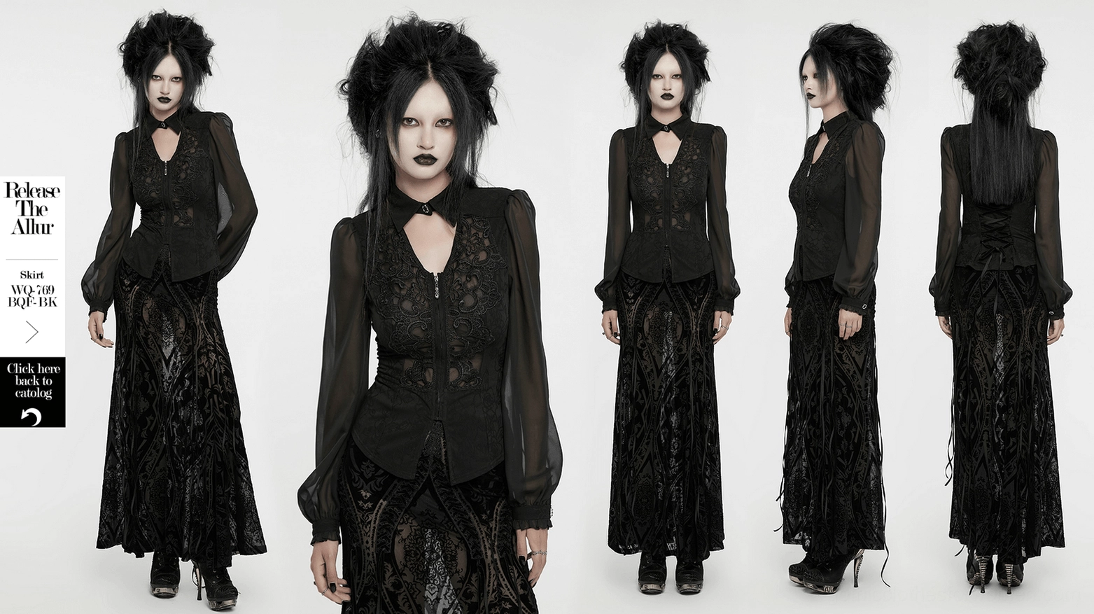 Black gothic blouse fabric composition and care instruction guide showing material blend and maintenance recommendations