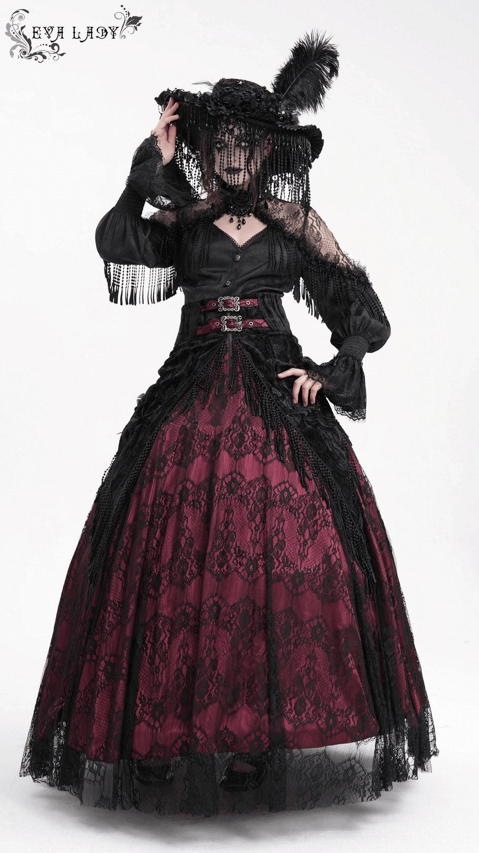 Detail view of gothic blouse fabric quality showing polyester blend texture, lace transparency, and damask weave pattern