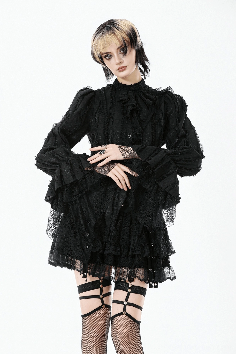 Black gothic lace ruffle blouse texture close-up, revealing polyester fabric quality and delicate lace overlay design