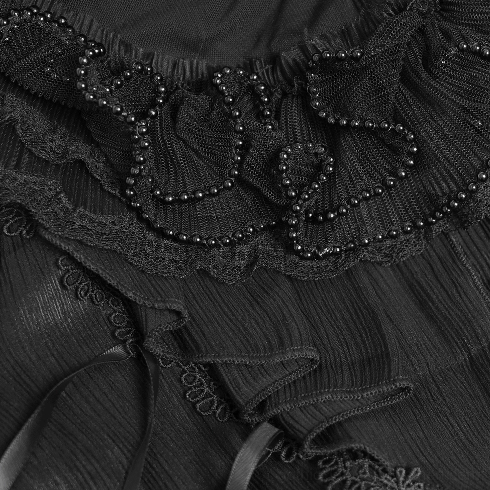 Gothic corset-back blouse showing fitted silhouette and ruffle neckline construction detail