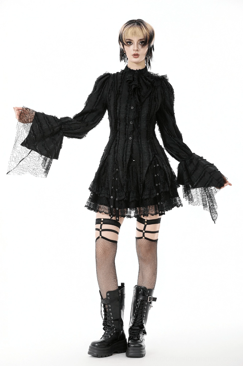 Black gothic lace ruffle blouse worn on model, demonstrating flattering fitted silhouette and dramatic ruffled design elements
