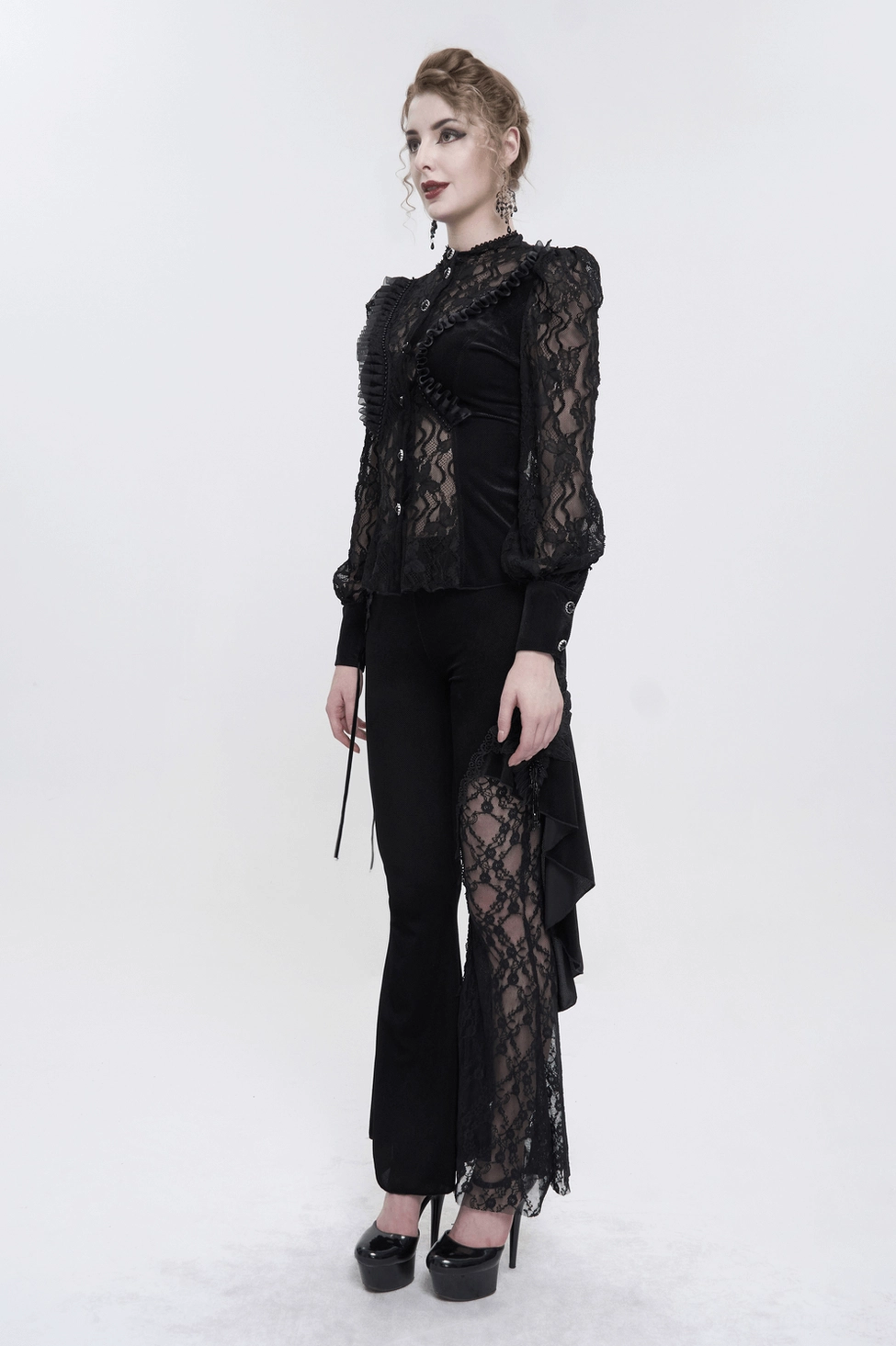 Black gothic lace velvet blouse garment display showing fitted torso design and voluminous gathered lace sleeves