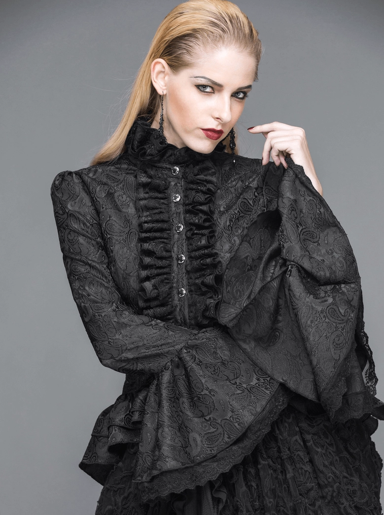 Gothic black blouse front close-up detail showing flared lace sleeves, buttons, and ruffled front placket