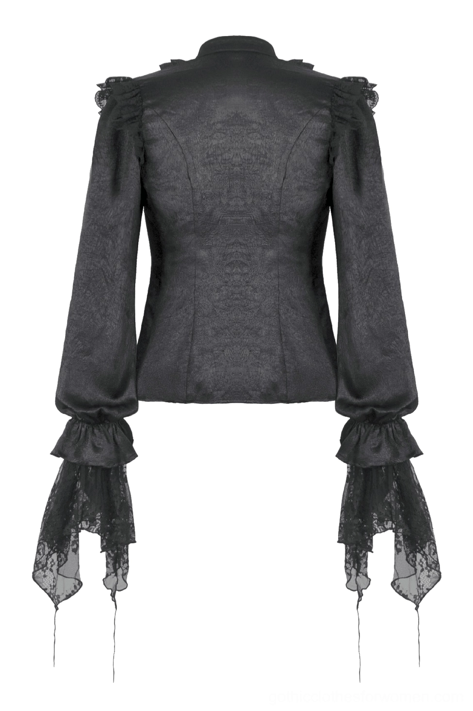 Flat lay back view of victorian gothic blouse displaying fitted back silhouette and high neckline construction