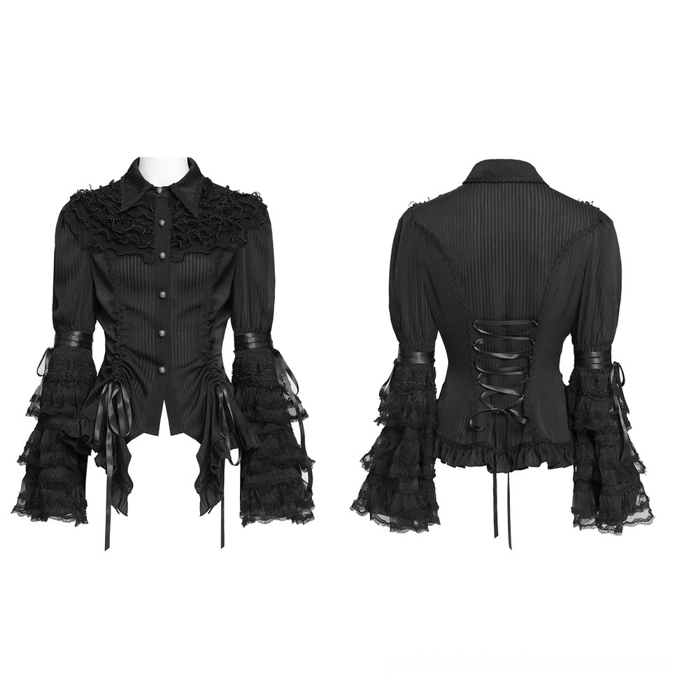 Black gothic blouse flat lay showing ornate lace collar, ribbon-tied sleeves, and corset lacing back construction