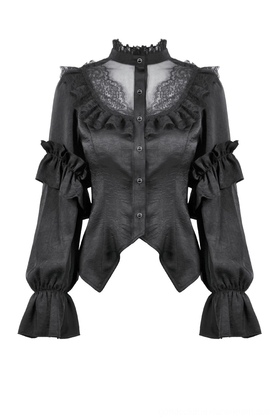 Black gothic ruffle blouse flat lay front view showing stand collar, lace panel, ruffled long sleeves and front button placket