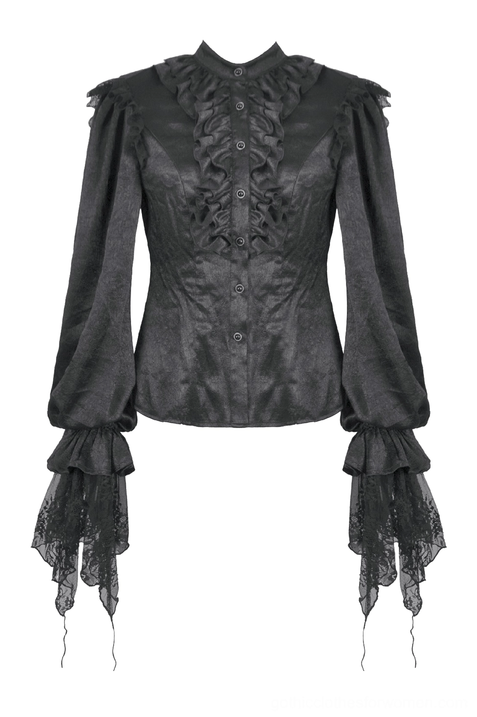 Flat lay front view of black gothic blouse showing puffed lantern sleeves and layered lace cuff trim