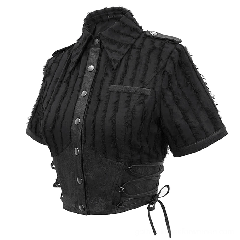 Black gothic blouse flat lay front view showcasing shoulder epaulets, patch pocket, and metal button placket