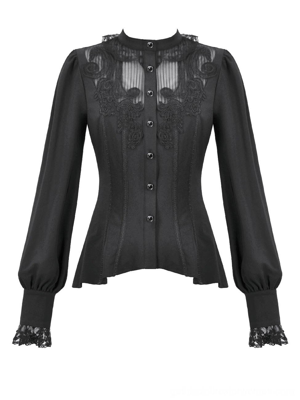 Black gothic blouse flat lay front view showing stand collar and lace chest decoration detail