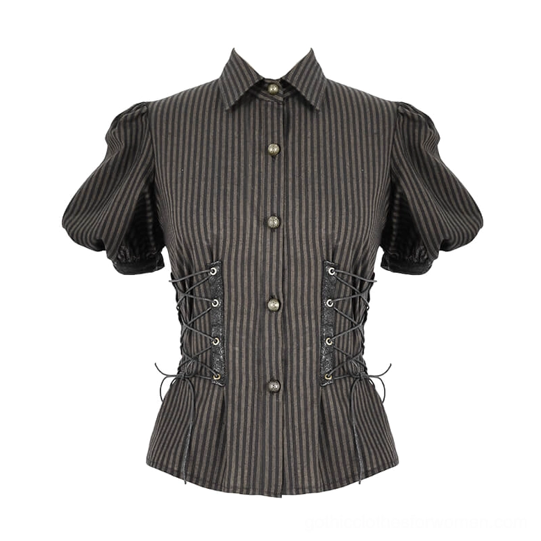 Coffee brown striped gothic blouse flat lay, showing button front closure, structured puff sleeves, and side lace-up detail