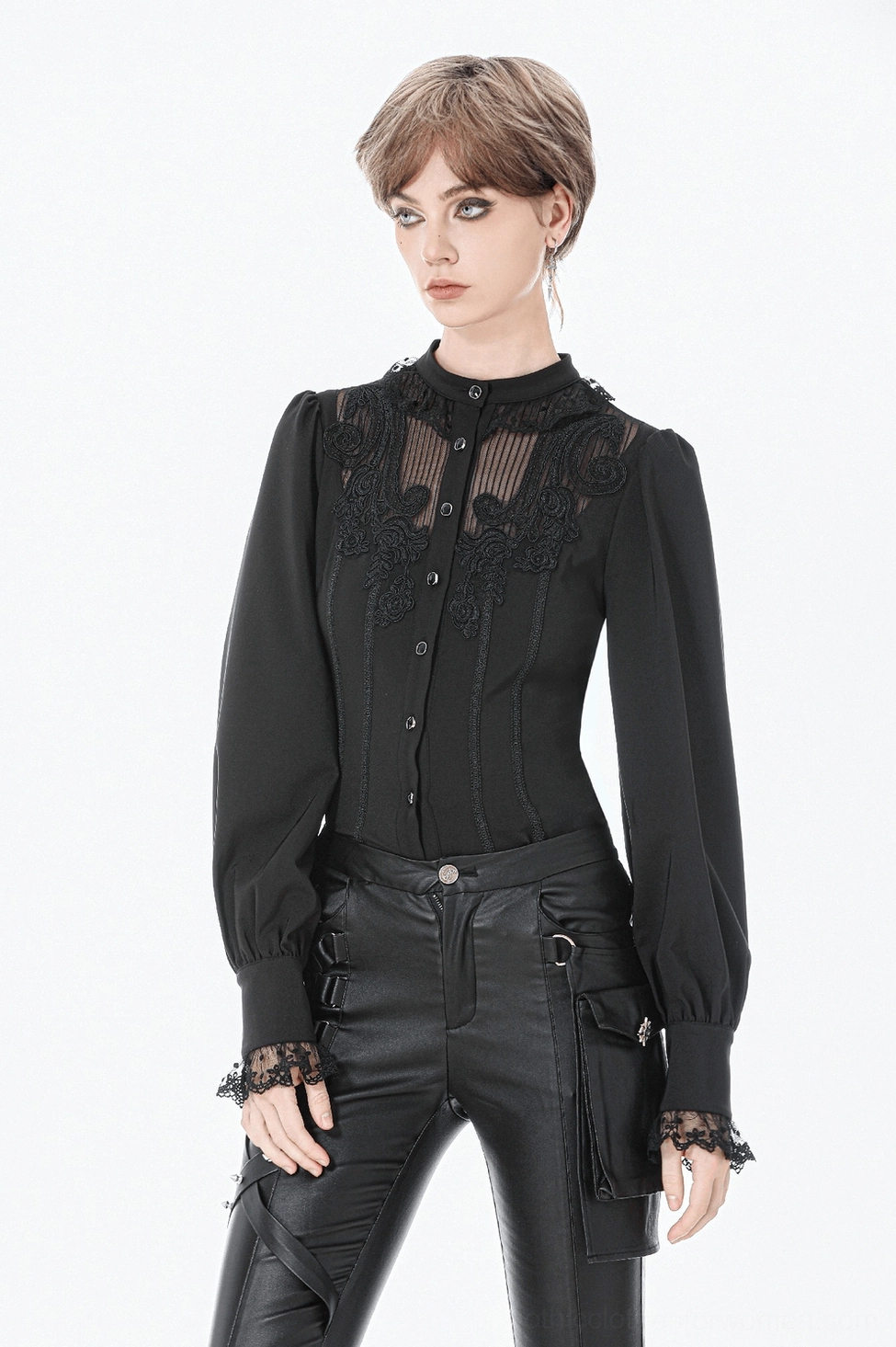 Black lace Victorian gothic blouse flat lay showcasing overall design ornate lace details and fabric