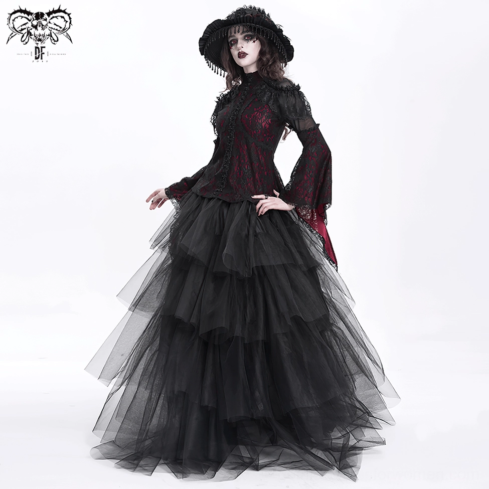 Angled front view of Victorian gothic lace blouse emphasizing bell sleeve length, cold shoulder design, and layered lace details