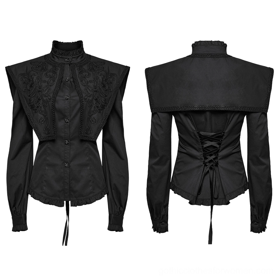 Flat lay front and back product view of gothic blouse with embroidered panels and crisscross back lacing
