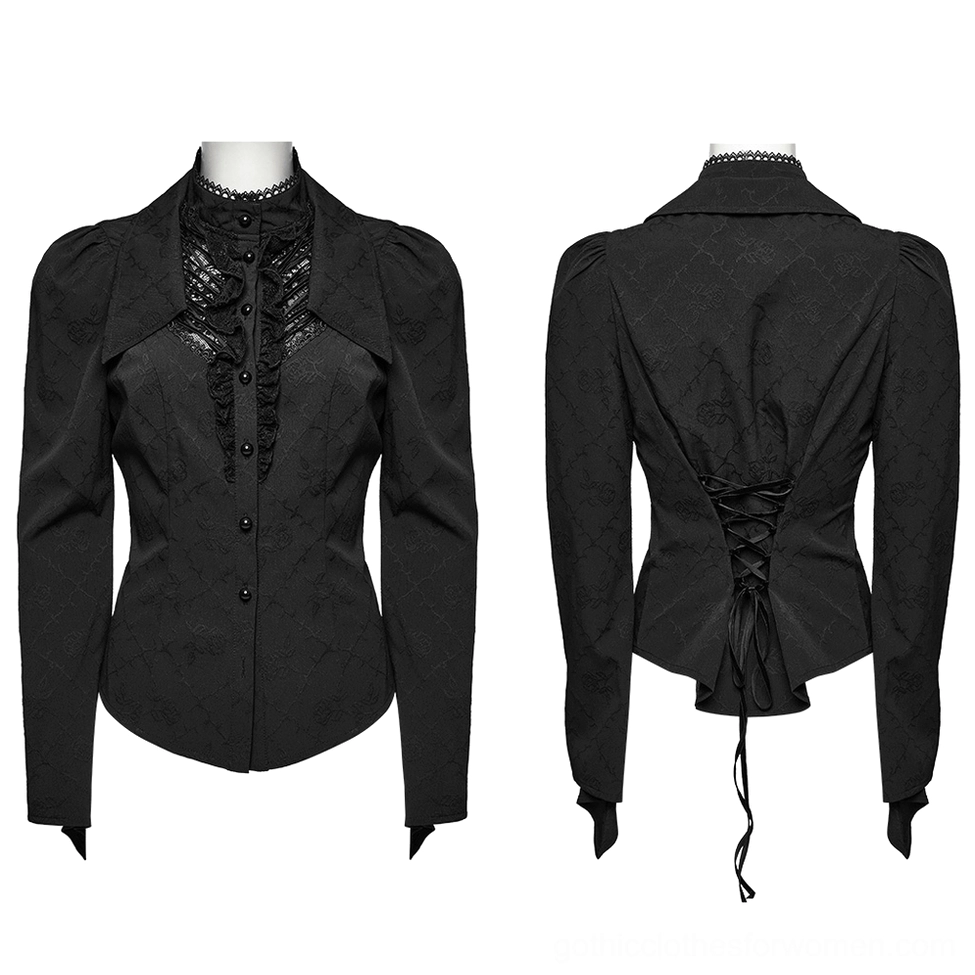 Gothic women's blouse front and back flat display with jacquard woven fabric and lace details
