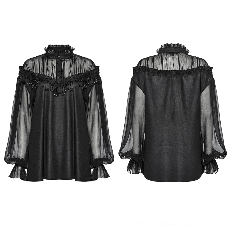Black gothic blouse front and back flat lay display - dual angle product view with decorative button placket