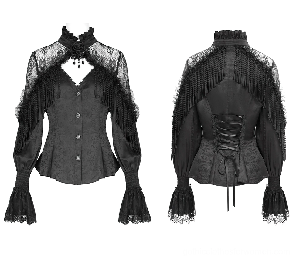 Front and back combined flat lay display of Victorian gothic blouse showing beaded tassel decor and flared lace cuffs