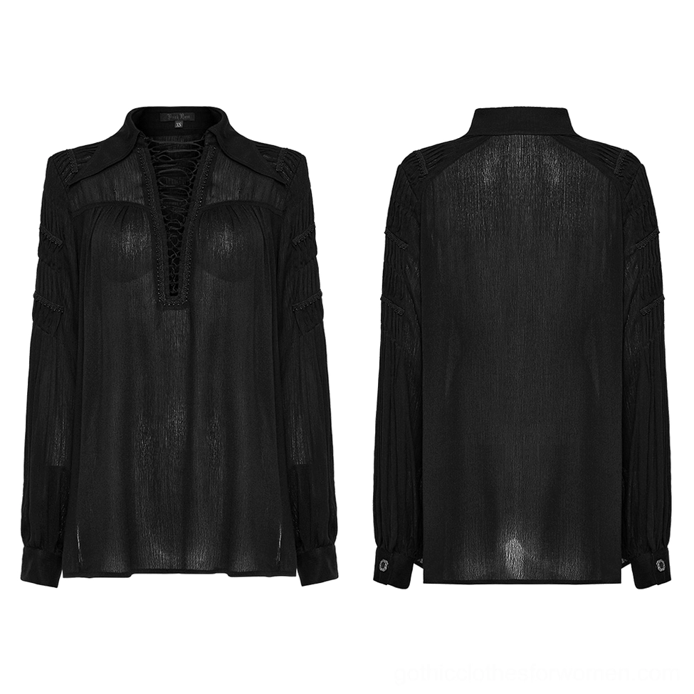 Gothic blouse front and back flat lay displaying lace-up neckline, buttoned cuffs, and pleated sleeve construction