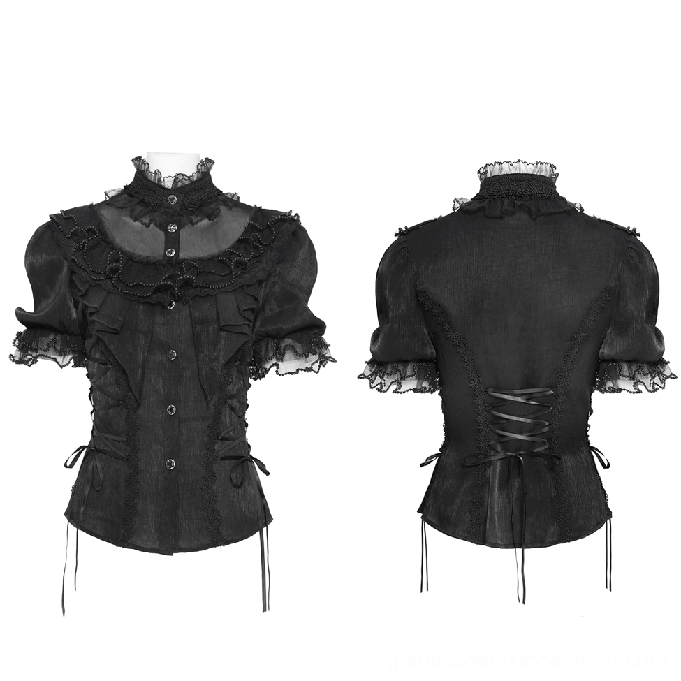 Victorian gothic blouse split view showing front button placket and back lace-up closure on dual mannequin display