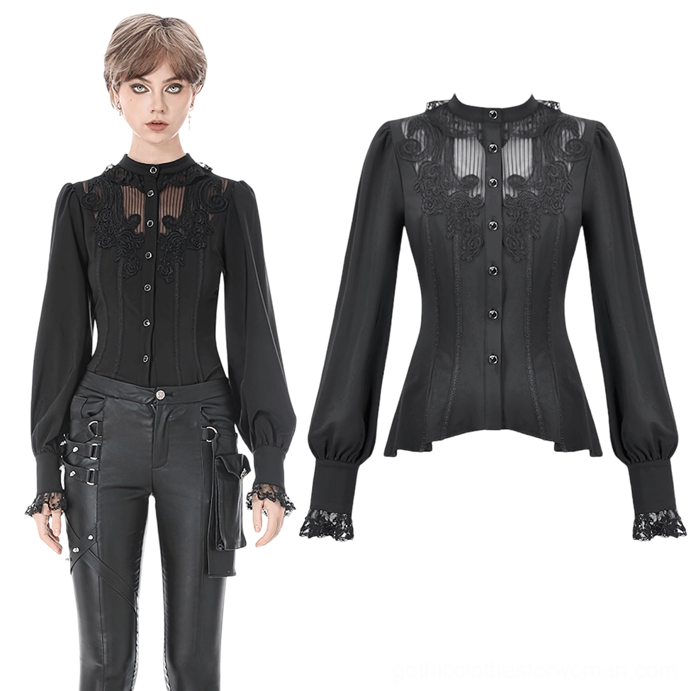Black lace gothic blouse front button placket and flat lay comparison with lace-trimmed cuffs detail
