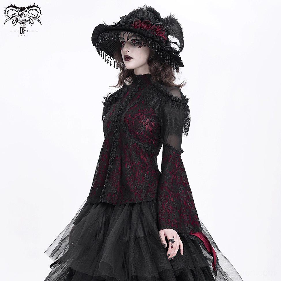 Front detail view of Victorian gothic lace blouse highlighting cold shoulder cutouts, mesh panels, and decorative button placement