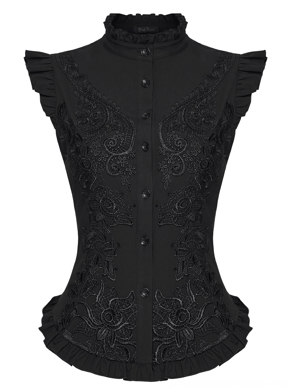 Gothic blouse front detail - black fabric with ornate vintage-inspired floral embroidery and button placket